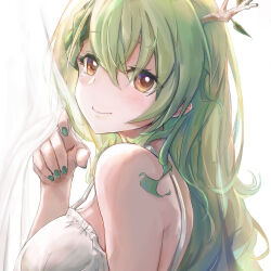 Rule 34 | 1girl, antlers, braid, branch, breasts, ceres fauna, curtains, dress, green hair, green nails, hair between eyes, hand up, highres, hololive, hololive english, horns, large breasts, leaf, long hair, looking at viewer, looking to the side, nail polish, smile, sundress, tallgeese (lgeesel), virtual youtuber, wavy hair, yellow eyes