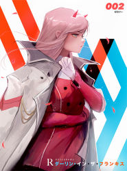 Rule 34 | 10s, 1girl, artist name, breasts, buttons, candy, character name, commentary, darling in the franxx, double-breasted, english commentary, eyeshadow, food, from side, gloves, green eyes, hairband, horns, jacket, jacket on shoulders, lollipop, long hair, makeup, medium breasts, military, military uniform, oni horns, pink hair, profile, red horns, ross tran, solo, straight hair, uniform, white gloves, white hairband, zero two (darling in the franxx)