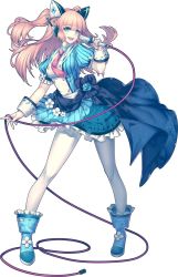 Rule 34 | 1girl, :d, ahoge, blonde hair, blue eyes, blue skirt, esythqua, flower, frilled skirt, frills, full body, hair ornament, headset, highres, holding, holding microphone, long hair, looking at viewer, microphone, musical note, musical note print, necktie, official art, open mouth, pantyhose, pink necktie, puffy short sleeves, puffy sleeves, short sleeves, simple background, skirt, smile, solo, standing, striped, striped sleeves, wrist cuffs