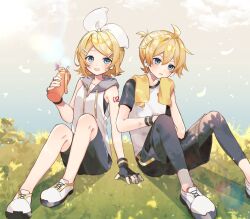 Rule 34 | 1boy, 1girl, arm tattoo, black gloves, black shorts, blonde hair, brother and sister, flask, gloves, grey eyes, grey hoodie, hair ornament, hairclip, headphones, highres, hood, hoodie, kagamine len, kagamine rin, number tattoo, open mouth, sazanami (ripple1996), shoes, short hair, shorts, siblings, tattoo, towel, towel around neck, twins, vocaloid