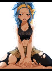 Rule 34 | 1boy, 1girl, aqua hair, black shirt, collarbone, fairy tail, gajeel redfox, gaston18, girl on top, hairband, highres, levy mcgarden, looking at viewer, midriff, navel, open mouth, pov, shirt, skirt, solo focus, tears, torn clothes