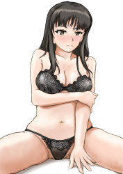 Rule 34 | 1girl, absurdres, arm under breasts, black hair, blush, bra, breasts, brown eyes, cleavage, e gs310, girls und panzer, highres, lace, lace-trimmed bra, lace-trimmed panties, lace trim, large breasts, lingerie, long hair, looking at viewer, mature female, navel, nishizumi shiho, panties, sitting, solo, spread legs, underwear, white background