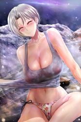 Rule 34 | 1girl, arm support, bikini, bikini bottom only, blush, breasts, brown eyes, cameltoe, cleavage, closed eyes, covered erect nipples, konno mitsune, krabbytheartist, large breasts, love hina, medium hair, navel, nipples, outdoors, see-through, silver hair, sitting, smile, solo, swimsuit, tank top, wet