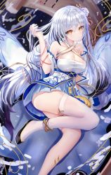 Rule 34 | 1girl, absurdres, age fx, azur lane, bare shoulders, blush, breasts, cleavage, closed mouth, criss-cross halter, flower, foot out of frame, hai tien (azur lane), hair flower, hair ornament, halterneck, high heels, highres, holding, holding own hair, japanese clothes, long hair, looking at viewer, medium breasts, pleated skirt, single thighhigh, skirt, solo, thighhighs, thighs, white hair, white thighhighs, yellow eyes