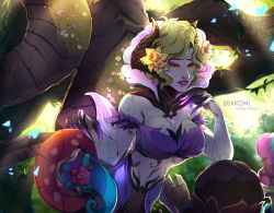 Rule 34 | 1girl, alternate costume, bare shoulders, bekkomi, breasts, cassiopeia (league of legends), cleavage, commentary, english commentary, flower, green eyes, green hair, hair flower, hair ornament, hands up, highres, horns, lamia, large breasts, league of legends, light, monster girl, navel, parted lips, pink flower, purple lips, slit pupils, smile, solo, teeth, tree
