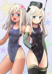 Rule 34 | 10s, 2girls, absurdres, bad id, bad pixiv id, bare shoulders, black legwear, blonde hair, blue eyes, blush, breasts, casual one-piece swimsuit, competition swimsuit, covered navel, cowboy shot, dual persona, embarrassed, flower, flying sweatdrops, garrison cap, gradient background, groin, hair flower, hair ornament, hat, highleg, highleg swimsuit, highres, kantai collection, long hair, looking at another, looking at viewer, multiple girls, one-piece swimsuit, open mouth, parted lips, print swimsuit, purple background, ro-500 (kancolle), sideways glance, small breasts, smile, star (symbol), star print, swimsuit, tada no ichigo, tan, tanline, thighhighs, u-511 (kancolle)