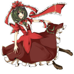 Rule 34 | 1girl, bow, bowtie, dress, female focus, front ponytail, green eyes, green hair, hair bow, kagiyama hina, looking at viewer, matching hair/eyes, puffy short sleeves, puffy sleeves, red bow, red bowtie, red dress, shawl, short sleeves, simple background, solo, touhou, umi (umi02), white background