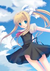 Rule 34 | 00s, 1girl, air (visual novel), bad id, bad pixiv id, blonde hair, blue eyes, cloud, day, hair intakes, hair ribbon, jewelry, kamio misuzu, long hair, mana (10221125), necklace, outdoors, outstretched arms, ponytail, ribbon, school uniform, solo, spread arms