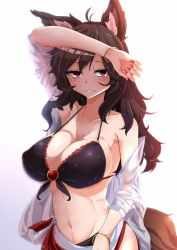 Rule 34 | 1girl, animal ears, arm up, bikini, black bikini, blouse, bra, breasts, brooch, brown hair, cleavage, collarbone, covered erect nipples, front-tie bikini top, front-tie top, hand on forehead, highres, imaizumi kagerou, jewelry, large breasts, long hair, looking at viewer, messy hair, midriff, navel, open clothes, open shirt, red eyes, rihito (usazukin), sarong, see-through, shirt, sideboob, simple background, solo, stomach, swimsuit, tail, touhou, underwear, upper body, wavy hair, wet, wet clothes, white shirt, wolf ears, wolf tail