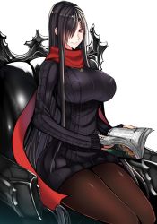 Rule 34 | 1girl, black hair, book, breasts, female focus, hair over one eye, large breasts, long hair, mugenshiki, original, pantyhose, red eyes, ribbed sweater, scarf, sitting, smile, solo, sweater, thighhighs, transparent background, very long hair