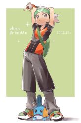 Rule 34 | 1boy, ^^^, backpack, bag, beanie, black hair, brendan (pokemon), character name, closed mouth, commentary request, creatures (company), dated, fingerless gloves, game freak, gen 3 pokemon, gloves, green bag, grey eyes, grey headwear, grey pants, hat, highres, holding, holding poke ball, looking to the side, male focus, mudkip, nintendo, orange gloves, pants, petoke, poke ball, poke ball (basic), pokemon, pokemon (creature), pokemon emerald, pokemon rse, shirt, shoes, short sleeves, sparkle, standing, two-tone background