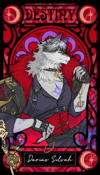 Rule 34 | 1boy, absurdres, animal ears, art nouveau, bara, belt, black claws, black pants, black sclera, black shirt, cane, choker, claws, colored sclera, corset, crescent, crown, darias silvah, fang, fang out, fingerless gloves, furry, furry male, gloves, highres, looking at viewer, male focus, pants, pimuu, pixela project, profile, red corset, shirt, smile, star (symbol), wolf boy, wolf ears
