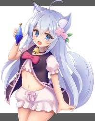 Rule 34 | 1girl, :d, ahoge, animal ears, bell, bloomers, blue eyes, bottle, cheat kusushi no slow life, commentary request, flower, hair between eyes, hair flower, hair ornament, highres, holding, holding bottle, long hair, looking at viewer, midriff, minakami mimimi, navel, neck bell, noela (cheat kusushi no slow life), open mouth, short sleeves, sidelocks, silver hair, simple background, smile, solo, tail, two-tone background, underwear, white background, wolf ears, wolf tail