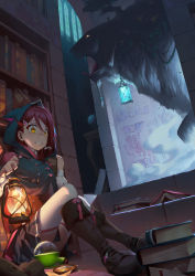 Rule 34 | 1girl, aida rikako, book, bookshelf, boots, bottle, braid, braided beard, breath, brown footwear, chain, compass, corset, crystal ball, dog, drawing, facial hair, fangs, flask, glowing, glowing eye, hair ornament, highres, hood, indoors, lantern, legs together, long hair, love live!, love live! school idol festival, love live! sunshine!!, miniskirt, monster, plant, potion, red hair, regition, round-bottom flask, sakurauchi riko, saliva, saliva trail, scared, shiitake (love live! sunshine!!), signature, sitting, skirt, smoke, table, tears, thighhighs, tongue, tongue out, vines, voice actor connection, white thighhighs, window, yellow eyes