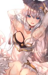 Rule 34 | 10s, 1girl, animal ears, armpits, asada sadao, bare shoulders, blue eyes, blush, breasts, cat ears, cleavage, dress, elbow gloves, erune, gloves, granblue fantasy, hair ornament, highres, korwa, large breasts, long hair, looking at viewer, silver hair, simple background, smile, solo, white background, white gloves