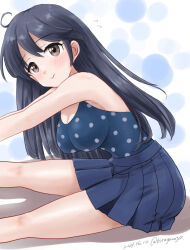 Rule 34 | 1girl, ahoge, black hair, blue one-piece swimsuit, blue skirt, breasts, brown eyes, casual one-piece swimsuit, cleavage, feet out of frame, kantai collection, kitagawa mikio, long hair, looking at viewer, official alternate costume, one-piece swimsuit, pleated skirt, polka dot, polka dot one-piece swimsuit, polka dot swimsuit, skirt, solo, stretching, swimsuit, ushio (kancolle), ushio (swimsuit mode) (kancolle)