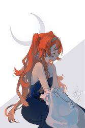 Rule 34 | 1girl, absurdres, bare shoulders, black dress, braid, checkered hairband, closed eyes, closed mouth, crescent moon, detached sleeves, dress, grey background, highres, jin3352185, long hair, moon, orange hair, profile, reverse:1999, side braid, sitting, solo, sonetto (reverse:1999), strapless, strapless dress, two-tone background, two side up, very long hair, white background, white sleeves