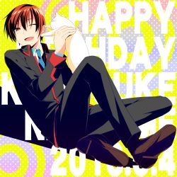 Rule 34 | 1boy, brown hair, cat, happy birthday, highres, lennon, little busters!, male focus, natsume kyousuke, one eye closed, red eyes, school uniform, short hair, solo, touon, wink