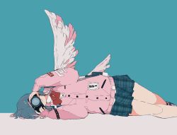 Rule 34 | 1girl, artist logo, blue hair, camera, clothes writing, commentary, covered eyes, daisukerichard, feathered wings, flat color, green background, green skirt, hands up, highres, holding, holding camera, lying, medium hair, neck ribbon, on side, original, pink footwear, pink sweater, plaid, plaid skirt, red ribbon, ribbon, shirt, shoes, simple background, skirt, sleeves past wrists, solo, sweater, white shirt, wings