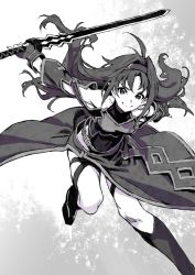 Rule 34 | 1girl, armor, bare shoulders, boots, breastplate, breasts, detached sleeves, fingerless gloves, full body, gloves, greyscale, hair intakes, headband, highres, holding, holding sword, holding weapon, knee boots, leotard, long hair, looking at viewer, medium breasts, monochrome, monochrome background, nobita (makoto7060355), pointy ears, simple background, smile, solo, split mouth, sword, sword art online, thighs, very long hair, weapon, yuuki (sao)