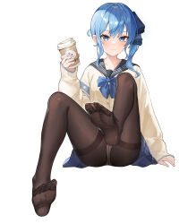 Rule 34 | 1girl, 35p (sakura miko), absurdres, arm support, black pantyhose, black sailor collar, blue bow, blue bowtie, blue eyes, blue hair, blue ribbon, blue skirt, blush, bow, bowtie, cardigan, closed mouth, coffee cup, commentary request, cup, disposable cup, feet, foot focus, hair between eyes, hand up, highres, holding, holding cup, hololive, hoshimachi suisei, invisible chair, knee up, legs, light frown, long sleeves, looking at viewer, medium hair, no shoes, panties, panties under pantyhose, pantyhose, pantyshot, plaid, plaid skirt, ribbon, sailor collar, school uniform, side ponytail, sidelocks, simple background, sitting, skirt, sleeves past wrists, soles, solo, star (symbol), star in eye, suis (suis022511), symbol in eye, thighband pantyhose, toes, underwear, virtual youtuber, white background, white cardigan