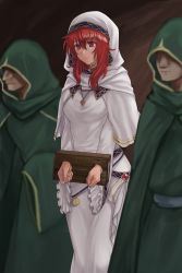 Rule 34 | 1girl, 2boys, absurdres, blurry, commission, depth of field, dress, faceless, faceless male, fire emblem, fire emblem: mystery of the emblem, fire emblem: shadow dragon and the blade of light, green robe, hazuki (nyorosuke), highres, hood, jewelry, lena (fire emblem), long dress, long hair, long sleeves, multiple boys, necklace, nintendo, red eyes, red hair, restrained, robe, skeb commission, solo focus, stocks, veil, white dress, wide sleeves