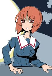 Rule 34 | 1girl, abstract background, blue jacket, breasts, brown eyes, collarbone, commentary, cropped torso, dowman sayman, frown, furrowed brow, girls und panzer, glaring, half-closed eyes, highres, jacket, long sleeves, looking ahead, looking to the side, medium breasts, nishizumi miho, ooarai military uniform, open mouth, orange hair, outline, sailor collar, short hair, solo, throat microphone, white sailor collar
