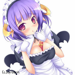 Rule 34 | 1girl, bad id, bad pixiv id, between breasts, blush, breasts, demon tail, finger to mouth, gloves, horns, large breasts, looking at viewer, maid, maid headdress, mikan (5555), otome tensei grimoire den, pointy ears, purple hair, short hair, simple background, solo, tail, white background, white gloves, wings