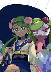 Rule 34 | 1girl, bow, breasts, cleavage, closed mouth, collarbone, commentary request, creatures (company), dark-skinned female, dark skin, eyelashes, game freak, gen 7 pokemon, green eyes, green hair, highres, holding, holding umbrella, long hair, looking at viewer, low twintails, makademia, mallow (pokemon), nintendo, pokemon, pokemon (creature), pokemon sm, purple bow, red eyes, smile, tsareena, twintails, umbrella
