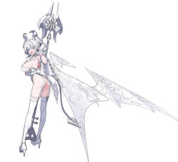 Rule 34 | 1girl, ass, breasts, demon girl, demon horns, demon wings, dress, duel monster, full body, gloves, grey eyes, hair between eyes, halberd, high heels, highres, holding, holding polearm, holding weapon, horns, large breasts, leotard, looking at viewer, lovely labrynth of the silver castle, low wings, medium hair, multiple wings, mx2j, pointy ears, polearm, sideboob, simple background, skindentation, smile, solo, standing, tail, thighhighs, transparent wings, twintails, weapon, white background, white footwear, white gloves, white hair, white horns, white theme, white thighhighs, wings, yu-gi-oh!