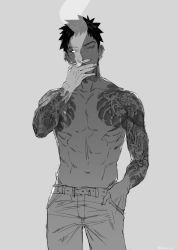 Rule 34 | 1boy, abs, celojun, cigarette, ear piercing, hand in pocket, holding, holding cigarette, male focus, monochrome, naruto (series), naruto shippuuden, navel, one eye closed, pants, pectorals, piercing, scar, scar on face, short hair, shoulder tattoo, smoke, smoking, solo, tattoo, toned, toned male, topless male, uchiha obito