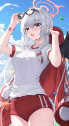 Rule 34 | 1girl, absurdres, black wings, blue archive, braid, breasts, buruma, candy, cowboy shot, eyewear on head, fake wings, food, grey hair, gym shirt, gym uniform, hair between eyes, halo, haruna (blue archive), haruna (track) (blue archive), highres, jacket, kurone (kurone ryuo), large breasts, long hair, official alternate costume, open mouth, red buruma, red eyes, red halo, shirt, side braid, single wing, solo, tongue, tongue out, track jacket, white shirt, wings