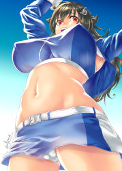 Rule 34 | 1girl, ahoge, belt, black hair, blue background, blue skirt, breasts, crop top, gradient background, hair ornament, hairclip, highres, jin nai, jingei (kancolle), kantai collection, large breasts, long hair, midriff, miniskirt, navel, official alternate costume, panties, pantyshot, race queen, red eyes, signature, simple background, skirt, solo, underboob, underwear, white background, white belt