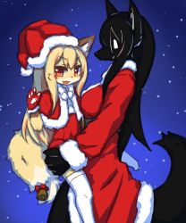 Rule 34 | 2girls, breasts, dress, female focus, fox, furry, furry female, gradient background, hat, multiple girls, ohakotome, open mouth, outdoors, red eyes, santa costume, sky