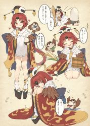 Rule 34 | 1girl, absurdres, apron, benienma (fate), bird, bowl, commentary, commentary request, closed eyes, fate/grand order, fate (series), hat, heart, highres, holding, holding spoon, huge filesize, japanese clothes, kimono, looking at viewer, multiple views, open mouth, platform clogs, platform footwear, red eyes, revision, rice, rice bowl, romana, shamoji, short hair, short kimono, sitting, sparrow, speech bubble, spoon, standing, translated, white apron, wide sleeves