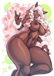 Rule 34 | 1girl, animal ears, animal nose, big hair, bow, braid, breasts, creatures (company), curvy, dark-skinned female, dark nipples, dark skin, earrings, feet out of frame, fingernails, flower, fur cuffs, furrification, furry, furry female, game freak, gen 8 pokemon, gofa, hair bow, hair flower, hair ornament, hand up, highres, hoop earrings, horizontal pupils, horns, huge breasts, jewelry, linea alba, navel, nintendo, nipples, nude, open mouth, personification, pokemon, sheep ears, side braid, smile, solo, stomach, thick thighs, thighs, toned, twin braids, white hair, wide hips, wooloo, yellow eyes