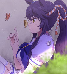 Rule 34 | 1girl, animal ears, ayame iro (toumei dolce), black hair, blurry, blurry foreground, bow, bowtie, bug, butterfly, butterfly on nose, commentary request, depth of field, from side, grain, highres, horse ears, horse girl, insect, long hair, narita brian (umamusume), pointing, pointing up, ponytail, profile, purple shirt, school uniform, shirt, short sleeves, sidelocks, sitting, solo, tracen school uniform, umamusume, yellow eyes