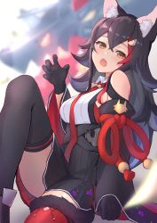 Rule 34 | 1girl, animal ear fluff, animal ears, azur lane, bare shoulders, black gloves, black hair, black skirt, black thighhighs, breasts, claw pose, collared shirt, commentary request, crossed bangs, detached sleeves, fang, gloves, hair between eyes, head tilt, highres, hololive, large breasts, long hair, long sleeves, looking at viewer, narrowed eyes, necktie, ookami mio, open mouth, orange eyes, pleated skirt, red necktie, shirt, sidelocks, sitting, skin fang, skirt, solo, tail, tail wrap, thighhighs, virtual youtuber, wide sleeves, wolf ears, yudetama