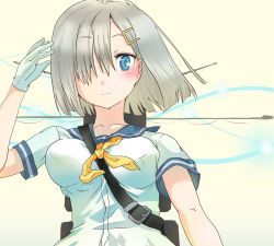 Rule 34 | 10s, 1girl, blue eyes, blush, breasts, gloves, gradient background, hair ornament, hair over one eye, hairclip, hamakaze (kancolle), kantai collection, looking at viewer, school uniform, serafuku, short hair, short sleeves, silver hair, solo, upper body, white gloves, yamashina metal