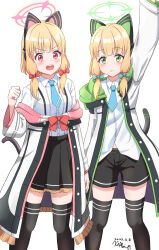 Rule 34 | 2girls, animal ear headphones, animal ears, arm up, black skirt, black thighhighs, blonde hair, blue archive, blue necktie, blush, bow, breasts, cat tail, closed mouth, collared shirt, dated, fake animal ears, feet out of frame, green bow, green eyes, green halo, hair bow, halo, headphones, highres, jacket, kippei, long sleeves, looking at viewer, midori (blue archive), momoi (blue archive), multiple girls, necktie, open mouth, pink halo, pleated skirt, red bow, red eyes, shirt, short hair, siblings, signature, simple background, sisters, skirt, small breasts, smile, tail, teeth, thighhighs, twins, two-sided fabric, two-sided jacket, upper teeth only, white background, white jacket, white shirt
