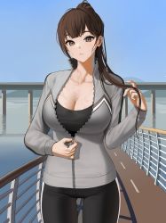 Rule 34 | 1girl, black pants, black shirt, blue sky, blunt bangs, breasts, bridge, brown eyes, brown hair, cleavage, collarbone, cowboy shot, day, exercising, grey jacket, hand up, high ponytail, highres, jacket, large breasts, long hair, looking at viewer, mole, mole on breast, myabit, original, outdoors, pants, parted lips, partially unzipped, ponytail, railing, shirt, sky, solo, sports bra, sweat, track jacket, water, yoga pants, zipper, zipper pull tab