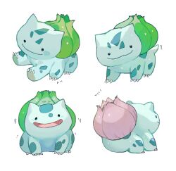 Rule 34 | :d, alternate color, animal focus, bulbasaur, closed mouth, creatures (company), ditto, extra legs, game freak, gen 1 pokemon, looking at viewer, multiple views, newo (shinra-p), nintendo, no humans, open mouth, pokemon, pokemon (creature), simple background, sitting, smile, tail, transformed ditto, white background