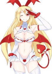 Rule 34 | 1girl, aged up, alternate costume, bare shoulders, blonde hair, bow, breasts, cleavage, demon girl, demon tail, disgaea, earrings, elbow gloves, fang, flonne, flonne (fallen angel), gloves, hair bow, heart, heart earrings, highres, jewelry, large breasts, long hair, looking at viewer, makai senki disgaea, microskirt, navel, neptune (series), one eye closed, paid reward available, pointy ears, power symbol, power symbol-shaped pupils, red eyes, revealing clothes, ribbon, salute, simple background, skindentation, skirt, solo, symbol-shaped pupils, tail, thighhighs, very long hair, white background, white thighhighs, zatsu