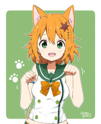 Rule 34 | 1girl, :d, animal ear fluff, animal ears, bare shoulders, blush, bow, breasts, character request, commentary request, green background, green eyes, green sailor collar, hair between eyes, hair ornament, hands up, leaf hair ornament, looking at viewer, medium breasts, onsen musume, open mouth, orange bow, orange hair, paw pose, ragho no erika, sailor collar, shirt, signature, sleeveless, sleeveless shirt, smile, solo, teeth, two-tone background, upper teeth only, white background, white shirt