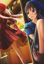 Rule 34 | 2girls, aiuabo, apron, around corner, black hair, blue eyes, blue nails, blue shirt, bottle, box, cabinet, clock, commentary request, dress, gloves, head scarf, highres, holding, indoors, kitchen, ladle, long sleeves, multiple girls, nail polish, original, pink gloves, red dress, shirt, short sleeves, shorts, sitting, standing, strap slip, sweat, tearing up, v-shaped eyebrows, wavy mouth, whisk