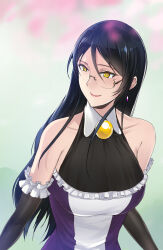 Rule 34 | 1girl, bare shoulders, black gloves, black hair, breasts, cleavage, collar, collarbone, detached collar, dress, earrings, elbow gloves, frilled dress, frilled gloves, frills, glasses, gloves, highres, jewelry, large breasts, lipstick, long hair, lucrecia ishterasha, makeup, mole, mole under eye, original, see-through, see-through cleavage, simple background, smile, solo, swordwaltz, two-tone dress, yellow eyes