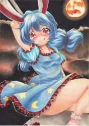 Rule 34 | 1girl, :q, absurdres, animal ears, ankle socks, blue dress, blue hair, cloud, cloudy sky, dress, full moon, highres, kine, long hair, looking at viewer, low-tied long hair, low twintails, mallet, marker (medium), moon, mountain, puffy short sleeves, puffy sleeves, rabbit ears, red eyes, seiran (touhou), short sleeves, sitting, sitting on object, sky, socks, solo, tongue, tongue out, touhou, traditional media, twintails, yuuki chima