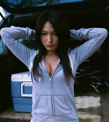 Rule 34 | 1girl, asian, breasts, cleavage, hood, hoodie, kawamura yuki, medium breasts, outdoors, photo (medium), solo, tagme