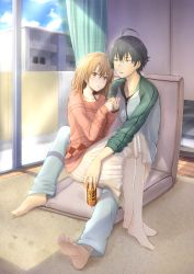 Rule 34 | 10s, 1boy, 1girl, absurdres, ahoge, balcony, black hair, blue sky, brown eyes, brown hair, cloud, coffee, couple, cup, curtains, day, hair between eyes, highres, hikigaya hachiman, isshiki iroha, long skirt, long sleeves, looking to the side, nentsuchi, open mouth, outdoors, short hair, sitting, sitting on person, skirt, sky, sweater, window, yahari ore no seishun lovecome wa machigatteiru.