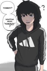 Rule 34 | 1girl, ?, adidas, black eyes, black hair, black pants, black track suit, commentary, cowboy shot, english commentary, english text, freckles, hair between eyes, hand on own hip, highres, hood, hoodie, long sleeves, looking at viewer, messy hair, open mouth, original, pants, short hair, solo, speech bubble, teeth, tomboy, upper teeth only, veyonis, white background